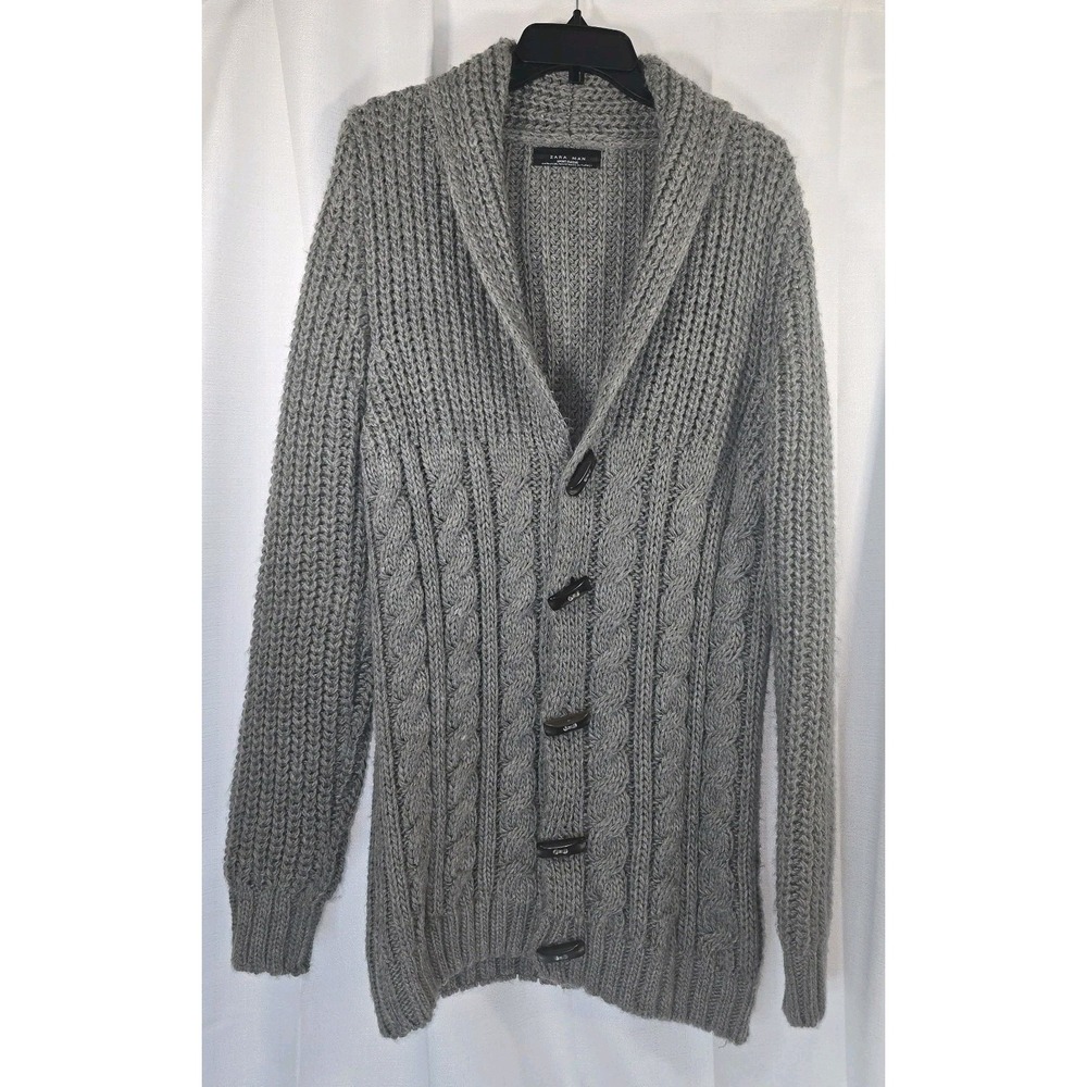 Zara Man Cable Knit Cardigan Sweater‎ Mens X-Large Grey Knit V-Neck Long Sleeve